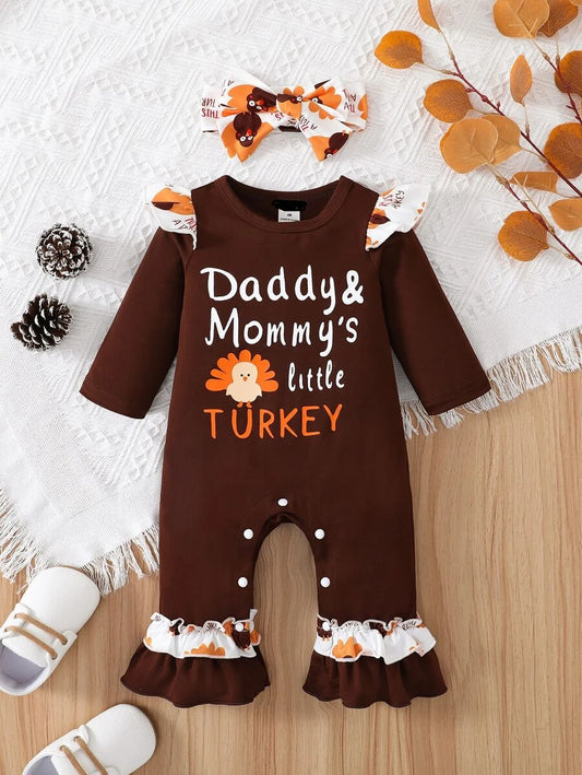 Think about how awesome Thanksgiving will be when your sweet little "turkey" is wearing this super cute romper with adorable ruffle turkey print on the shoulder and ankle. A definite must for the holiday!!
