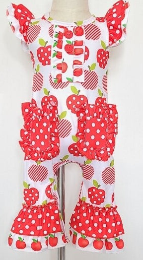 This adorable Polka dot and apple print romper is perfect for the apple of your eye!! We love the style of the romper with the pockets and all of the ruffles. Loving this adorable outfit!!