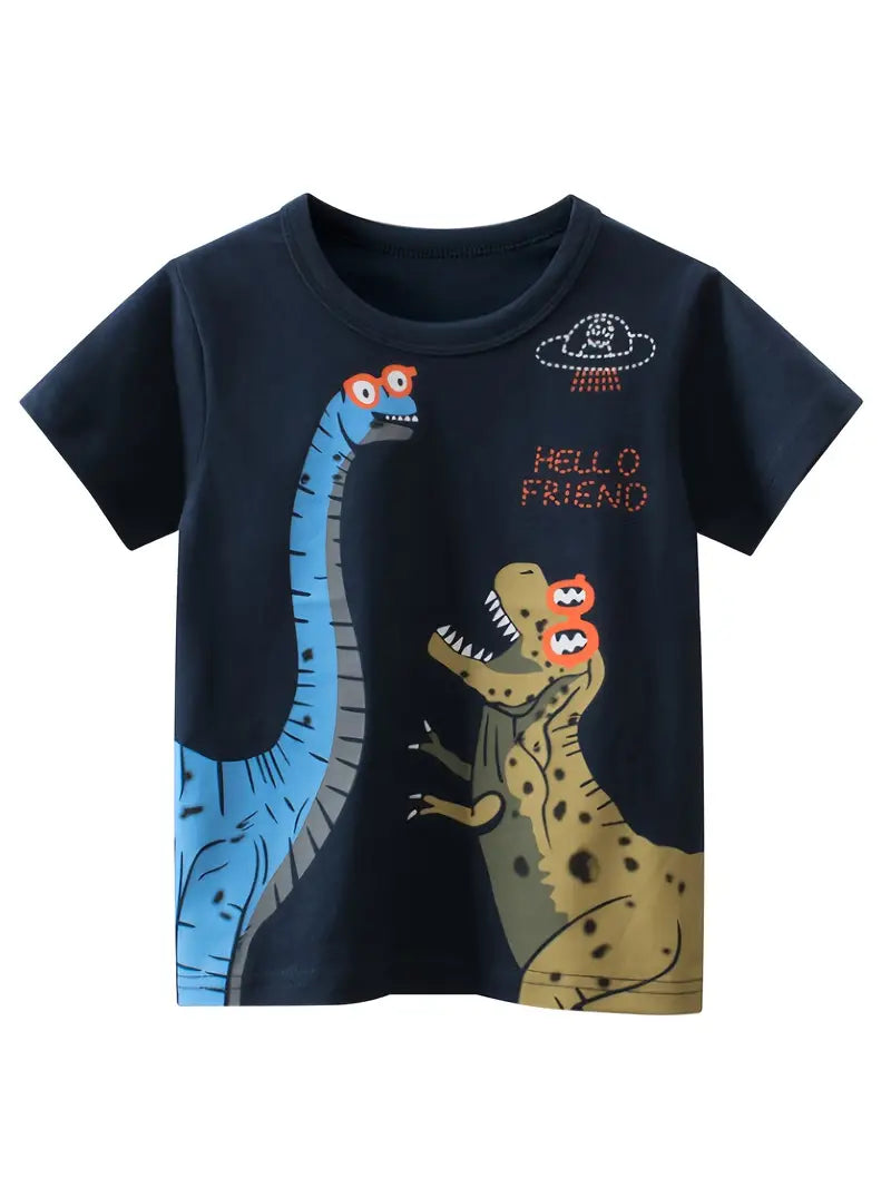 This round neck t-shirt features two dinosaurs greeting one another with an illustrated   “Hello Friend” slogan. It's made of a soft and lightweight material, making it ideal for wear in any season. Enjoy a timeless look, with a stylish and unique design that will add a touch of personality to any wardrobe.