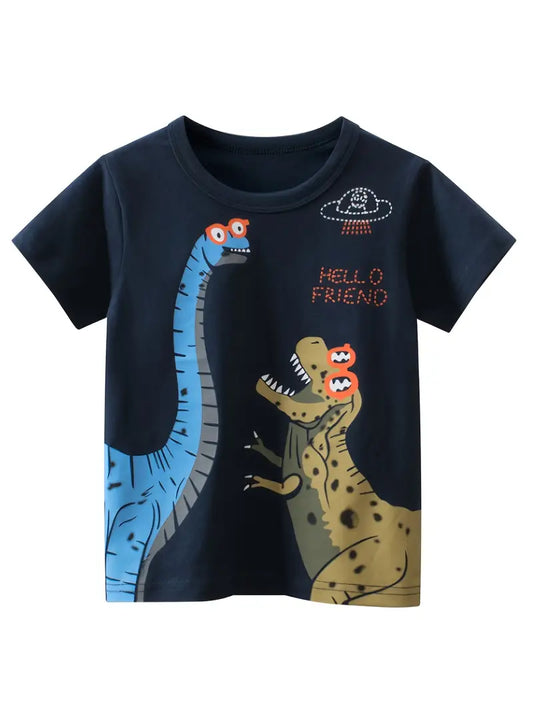 This round neck t-shirt features two dinosaurs greeting one another with an illustrated   “Hello Friend” slogan. It's made of a soft and lightweight material, making it ideal for wear in any season. Enjoy a timeless look, with a stylish and unique design that will add a touch of personality to any wardrobe.