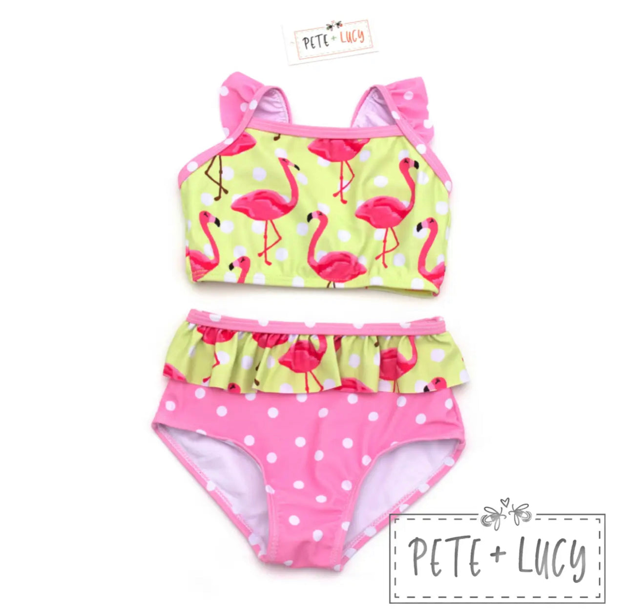 This Flamingo two-piece swimsuit features a vibrant flamingo print. It's perfect for beachside or poolside fun. The fabric is lightweight and quick drying, making it a comfortable choice for a day out in the sunshine. Durable and stylish, this swimsuit is sure to last for many happy and carefree days of sun and surf.