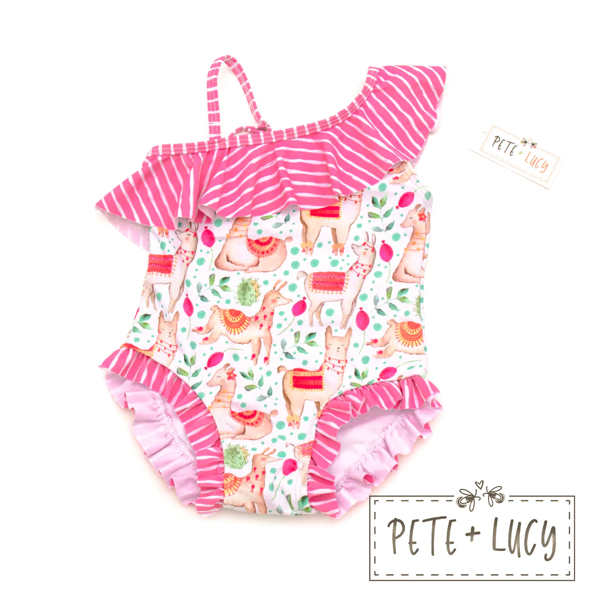 So So Sweet Llamas One Piece Swimsuit w/ top Ruffle and an adorable little ruffle at the leg. Be the Sweetest Bathing Beauty at the Beach!