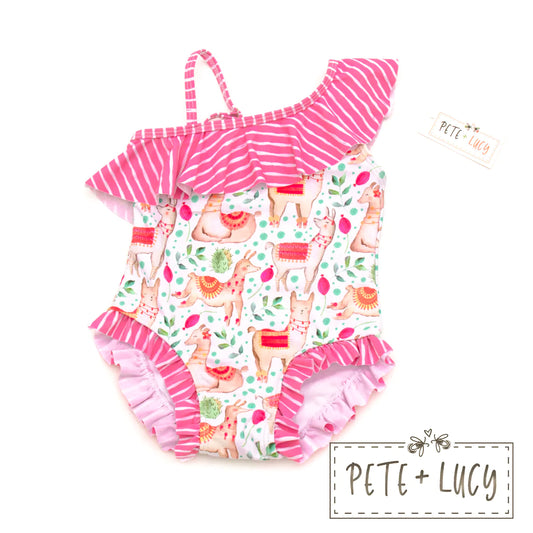 So So Sweet Llamas One Piece Swimsuit w/ top Ruffle and an adorable little ruffle at the leg. Be the Sweetest Bathing Beauty at the Beach!