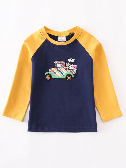 Long Sleeve Farm Animal Applique Shirt