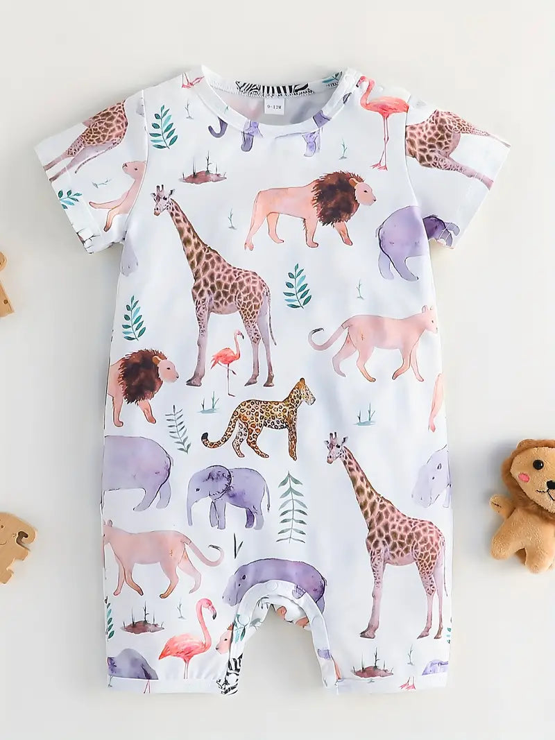 Be wild and stylish with our Adorable Shortie Romper! This romper's cheerful animal print will instantly brighten your look, while its round neck and snap crotch provide prairie-perfect comfort and convenience. Perfect for days spent adventuring!