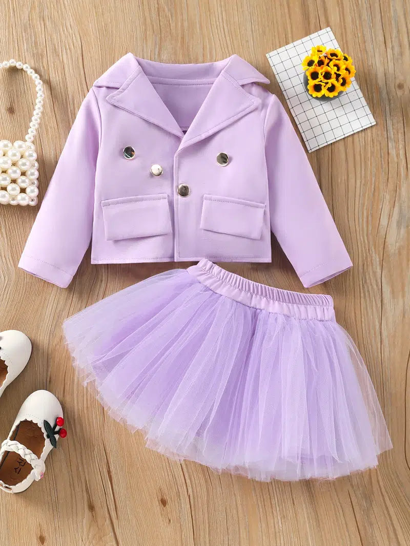 This beautiful Jacket and tulle skirt in lilac are so versatile! Worn together you can change the look dramatically with either a mary jane style shoe or a pair of high top boots! You can separate the pieces and wear the skirt with a t-shirt, and the jacket with jeans, other pants etc... So versatile and so pretty!