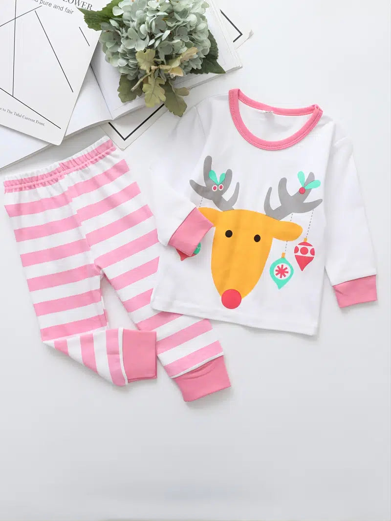 These adorable reindeer holiday inspired reindeer 2-piece pajamas are going to knock Santa out of his boots! We love the use of the pink stripe bottoms with the adorable reindeer top with pink trim. Too cute!!