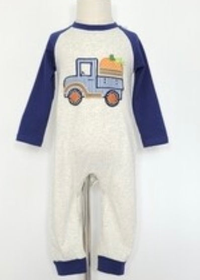 Falling head-over-wheels for this totally adorable infant boys romper! The embroidered truck and pumpkin applique are simply too cute!! Unbeatable for all fall festivities!