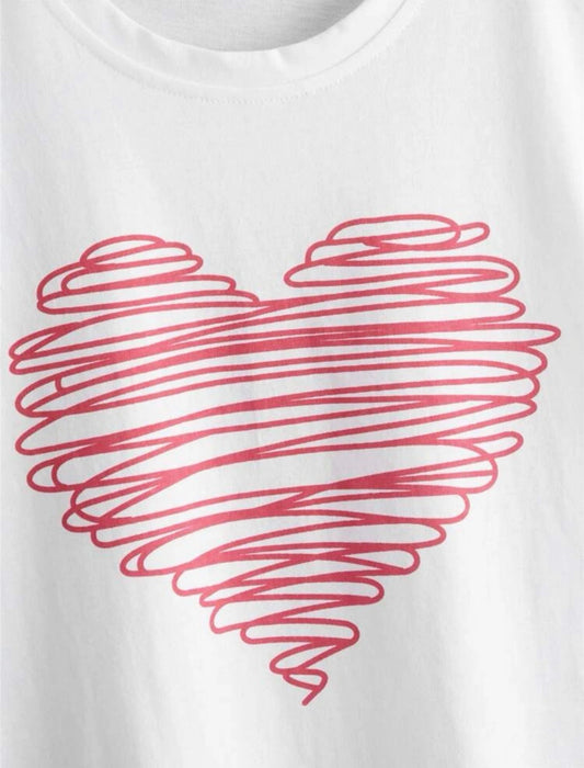Looking for love? Here it is with this all occasion, large scribble print heart shirt. This white based shirt with red scribble print heart design, rounded collar and curved hemline would be a great addition to your little one's wardrobe!