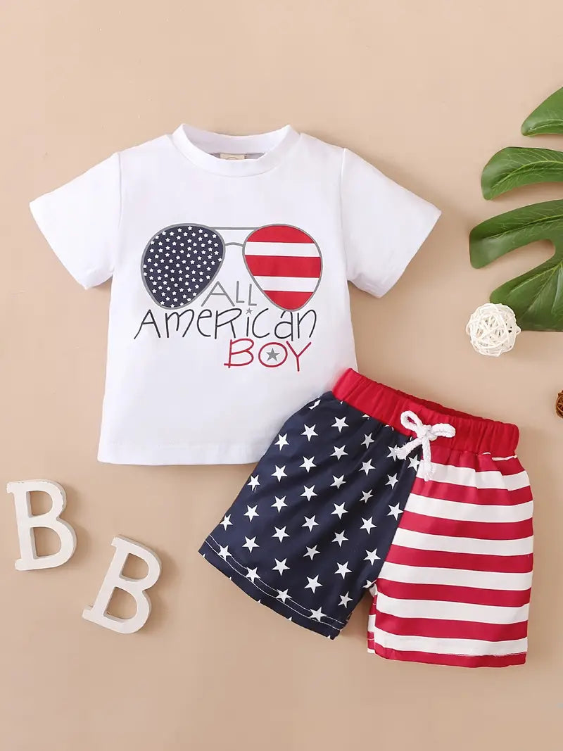 Make your All-American kid stand out with this two-piece short set! Featuring two different styles- tank/short sleeve shirt with a sunglass design of stars and stripes, as well as matching elastic waist shorts with drawstring for comfort. It's a stylish way to show your patriotic spirit, a guarantee for 4th of July fireworks!