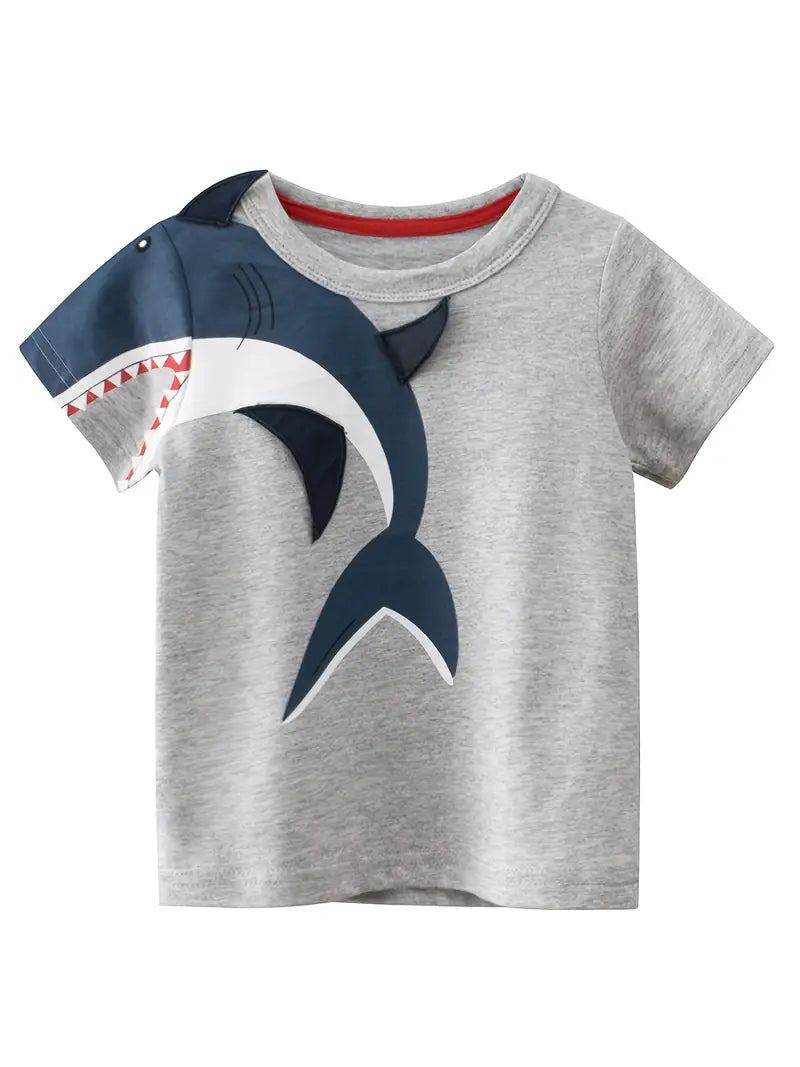 This unisex round neck T-shirt features an eye-catching 3-D shark print, sure to make a statement. Lightweight and breathable, it is crafted from soft and comfortable fabric. Showcase your bold style with this "Shark on my Shoulder Shirt".