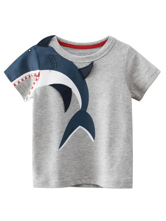 This unisex round neck T-shirt features an eye-catching 3-D shark print, sure to make a statement. Lightweight and breathable, it is crafted from soft and comfortable fabric. Showcase your bold style with this "Shark on my Shoulder Shirt".