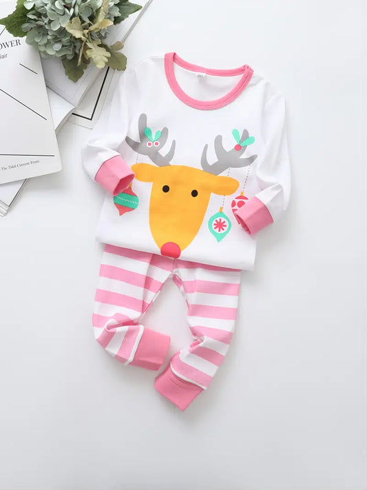 These adorable reindeer holiday inspired reindeer 2-piece pajamas are going to knock Santa out of his boots! We love the use of the pink stripe bottoms with the adorable reindeer top with pink trim. Too cute!!