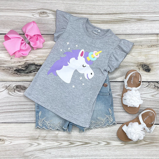 This Fun with Unicorns Ruffled Sleeve Shirt lets you make a statement with bright, vibrant graphics and playful ruffled sleeves. Made from soft, breathable fabric, this comfortable shirt is an ideal way to show off your love of fantasy. Add a touch of fun to any outfit with this stylish, fun piece of clothing.