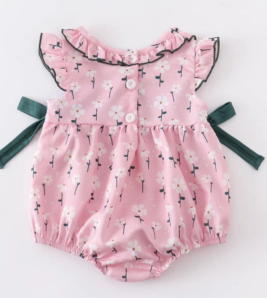 Pink Floral and Lamb Smocked Bubble Romper