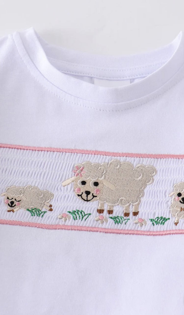 Pink Floral and Lamb Smocked 2-piece Short Set