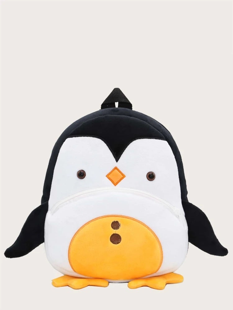 Black, white with yellow accent plush penguin backpack