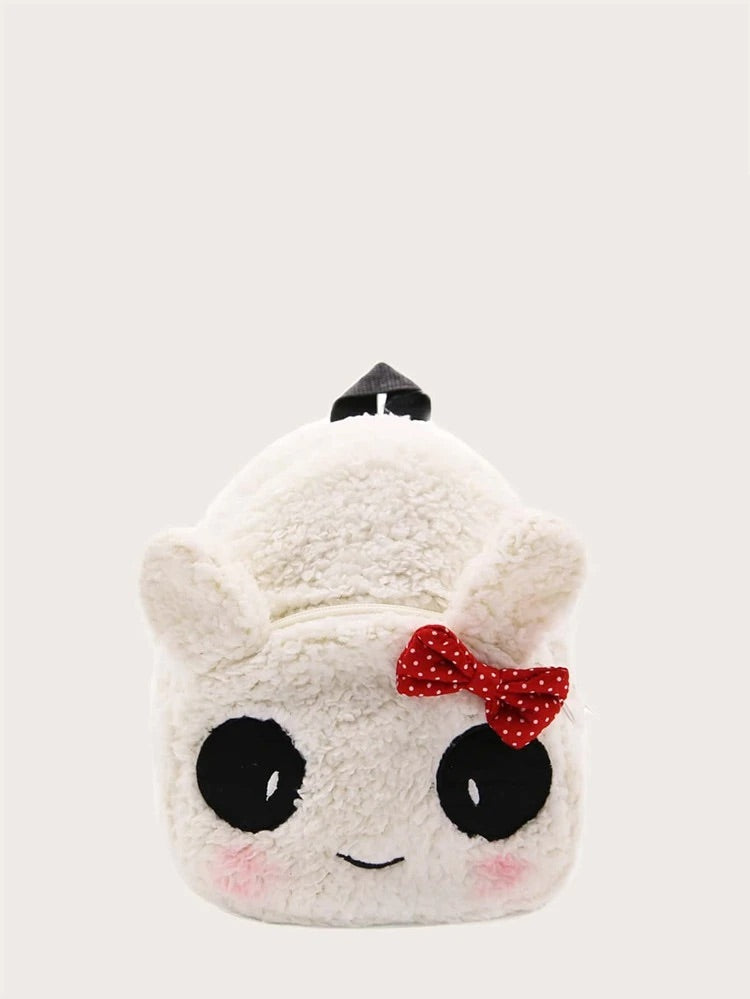 Fuzzy wool-like plush lamb backpack with red polka-dot bow