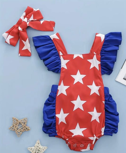 Make a splash in this Adorable Patriotic Halter Romper, perfect for any 4th of July celebration! The stars-and-stripes combo is a classic, and the adorable style will get oohs and aahs, with a halter back and snap bottom for easy changes. Put the cherry on top with the matching headband and get ready to party like it's 1776!