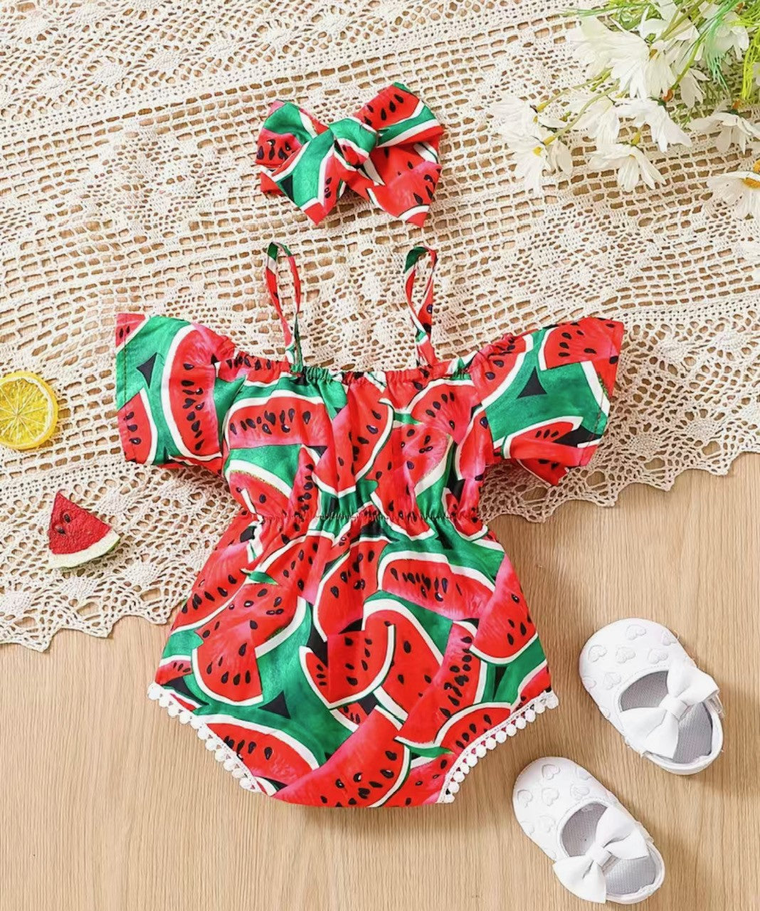 Watermelon loving-Cold Shoulder bubble romper